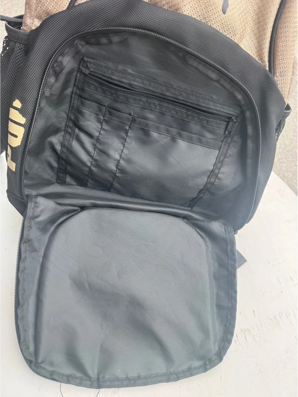 PUMA Backpack Tan Gold Black Multi Pocket School Travel Bag Logo Wear